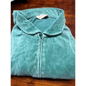 Norm Thompson Teal Velour Zip‎ Up Robe Duster Embroidered Collar & Cuffs